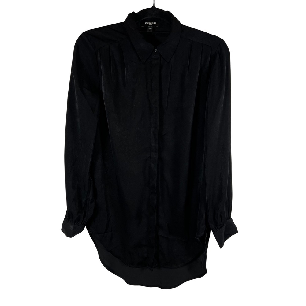 Express Tunic‎ Black Long Sleeve Button Down Shirt Satin Feel High Low Hem Small